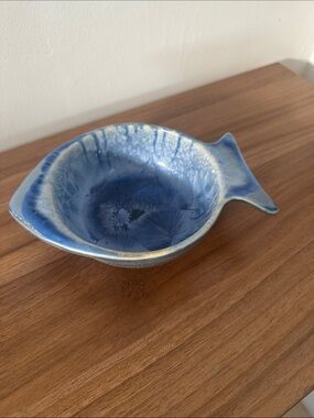 Edgecomb Potters little deeper Blue Fish-Shaped Ceramic bowl.